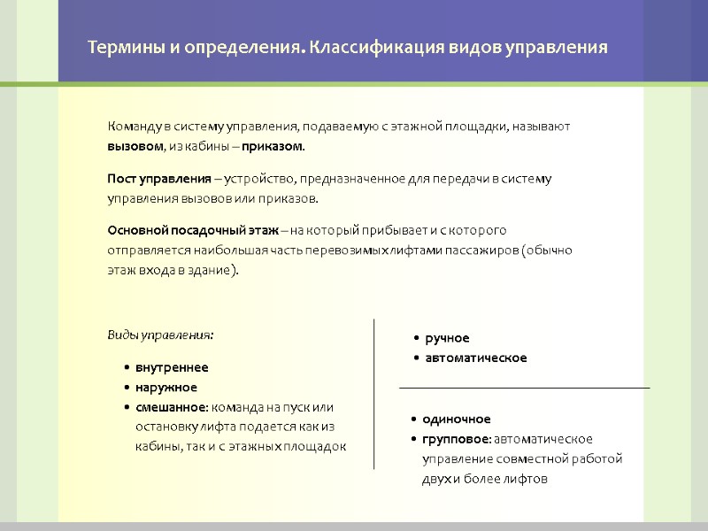 Термины и определения. Классификация видов управления Команду в систему управления, подаваемую с этажной площадки,